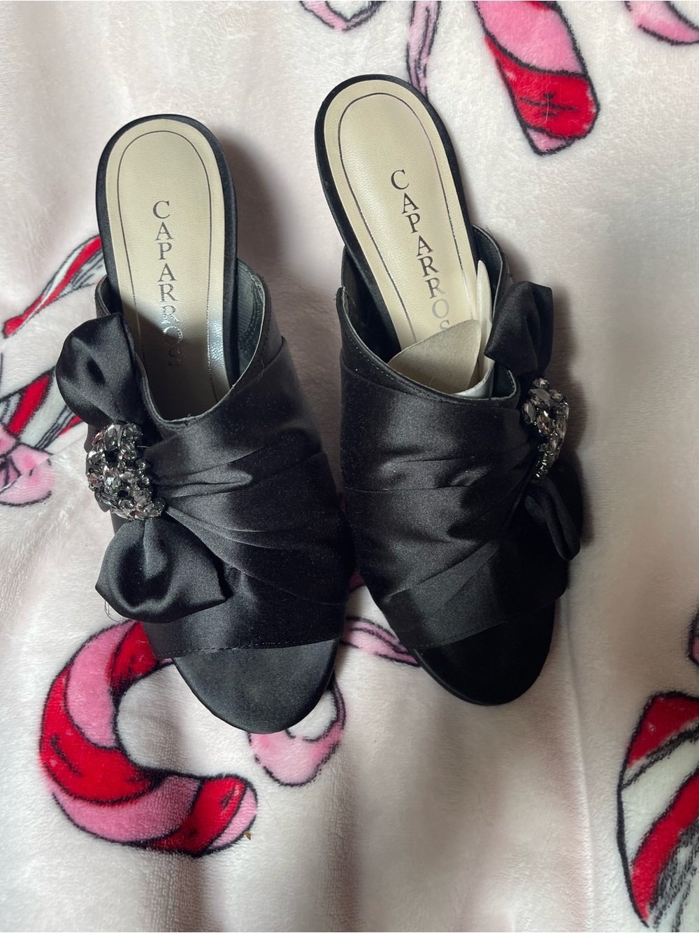 Caparros Black Satin Slide Mules with Bow and Crystal Brooch